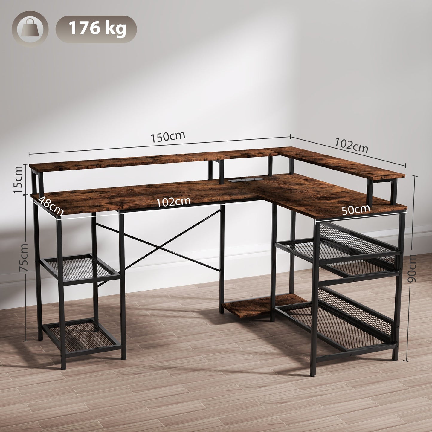 HOMCOM L Shaped Gaming Desk w/ LED Lights and Power Outlets for Small Space