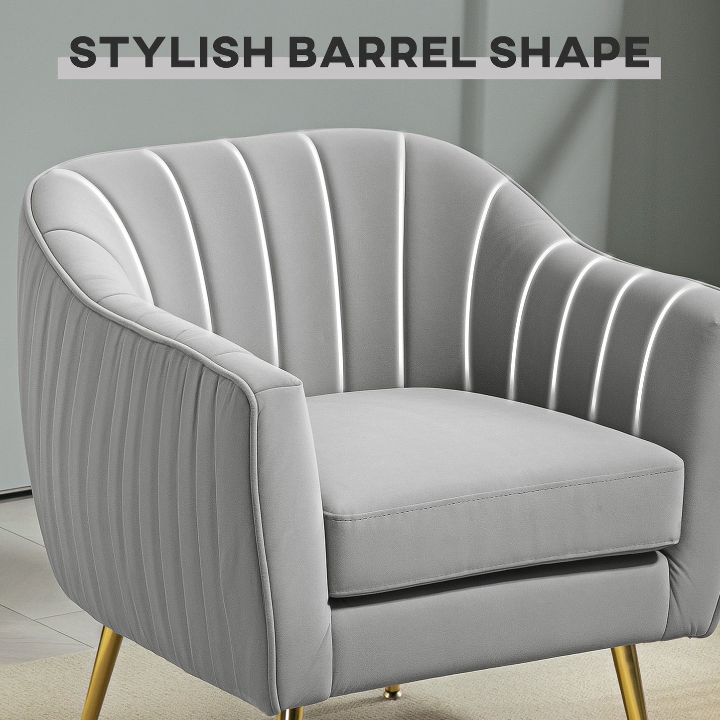 HOMCOM Velvet-Look Shell Shaped Chair with Thick Padded Seat, Grey