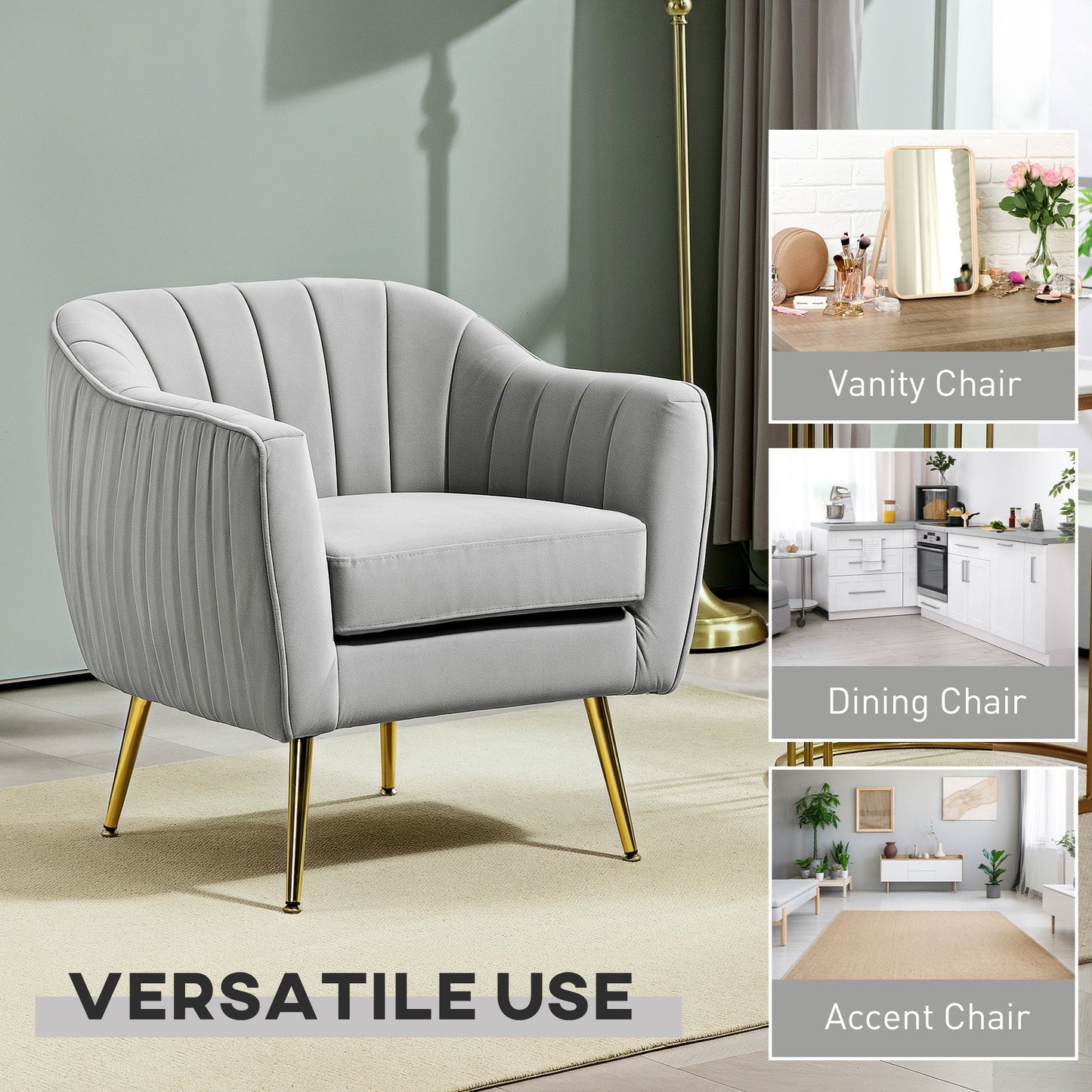 HOMCOM Velvet-Look Shell Shaped Chair with Thick Padded Seat, Grey