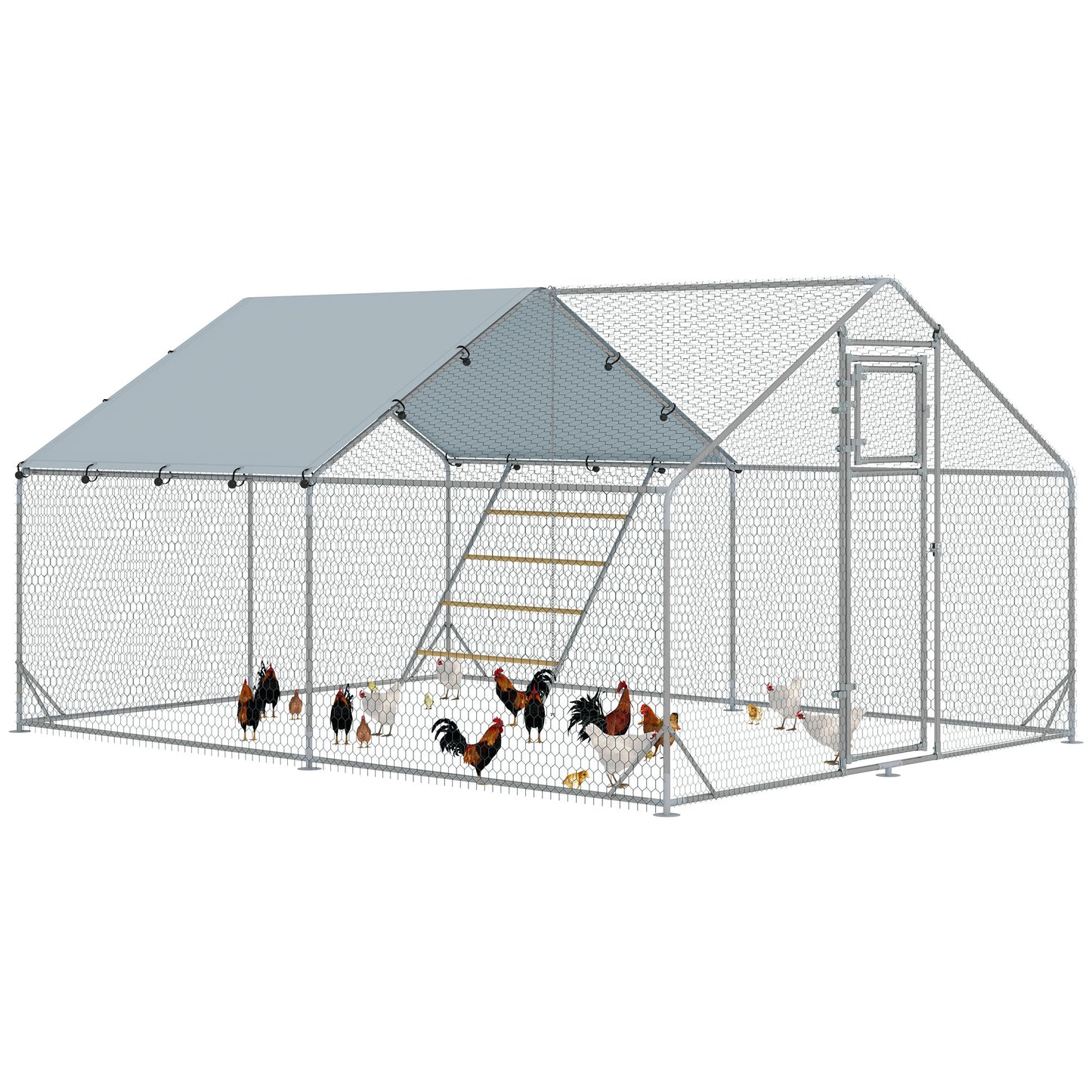 PawHut Walk in Chicken Run w/ Cover, Hanging Feeder, Perch, for 6-8 Chickens
