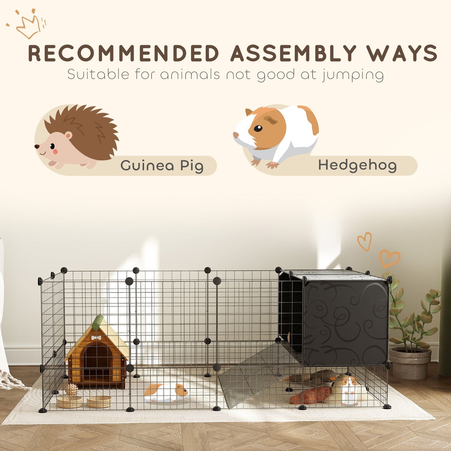 PawHut DIY Small Animal Cage w/ Elevated Huts for Guinea Pigs, Rabbits