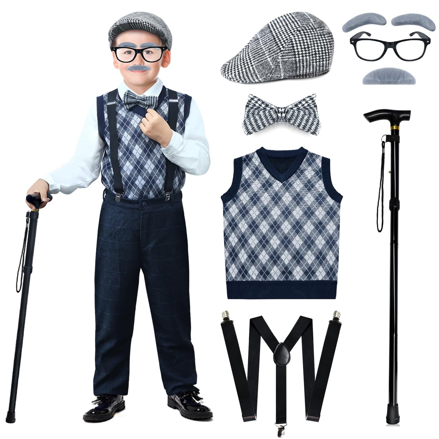 Nabobs 100 Days of School Old Man Costume for Boys – Grandpa Hat, Beard & Vest