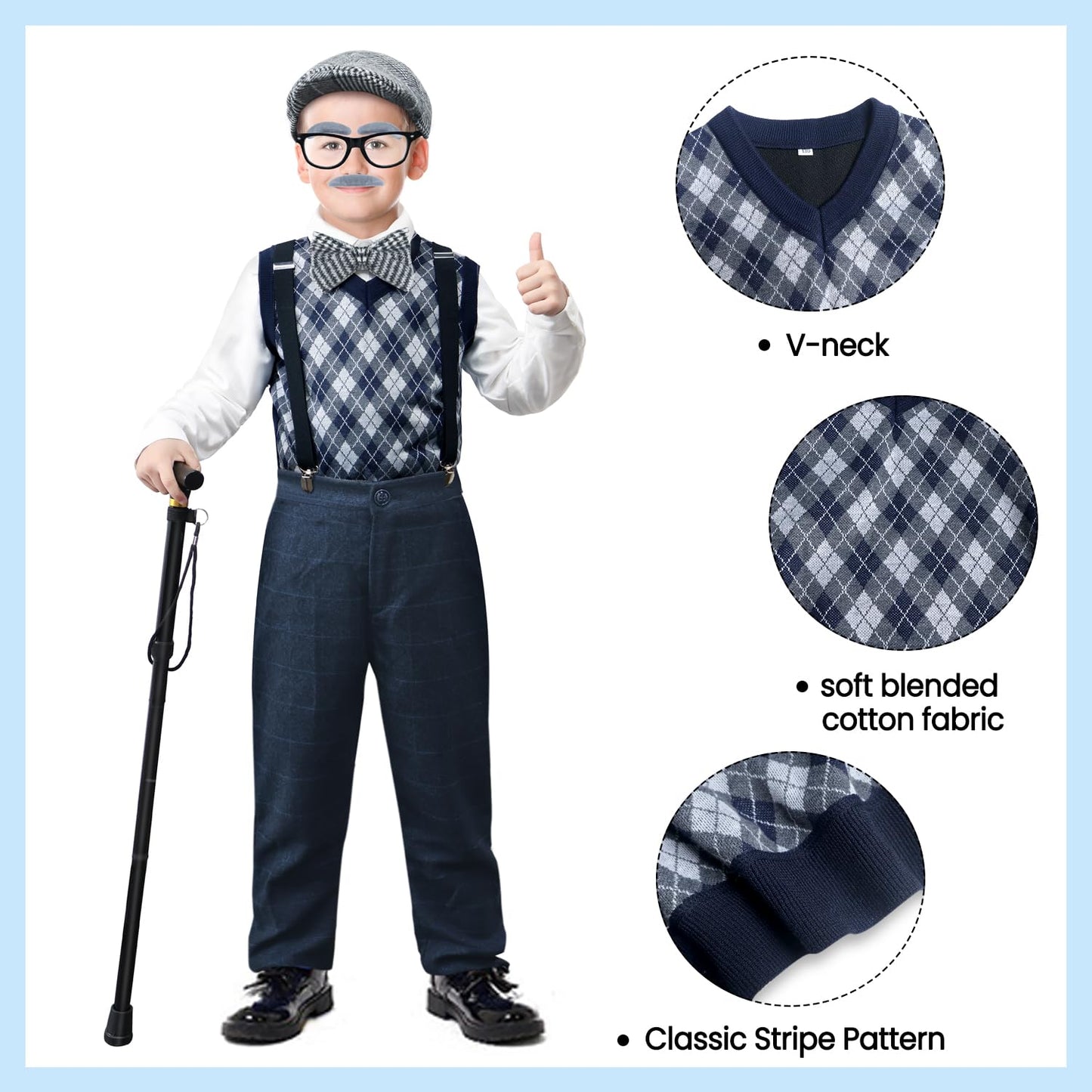 Nabobs 100 Days of School Old Man Costume for Boys – Grandpa Hat, Beard & Vest