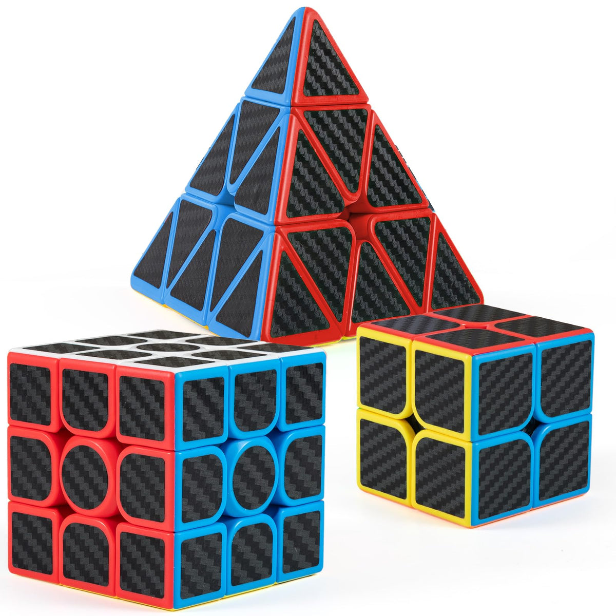 nabreeli Carbon Fiber Speed Cube Set: 2x2x2, 3x3x3, and Pyraminx 3x3 with Durable Stickers