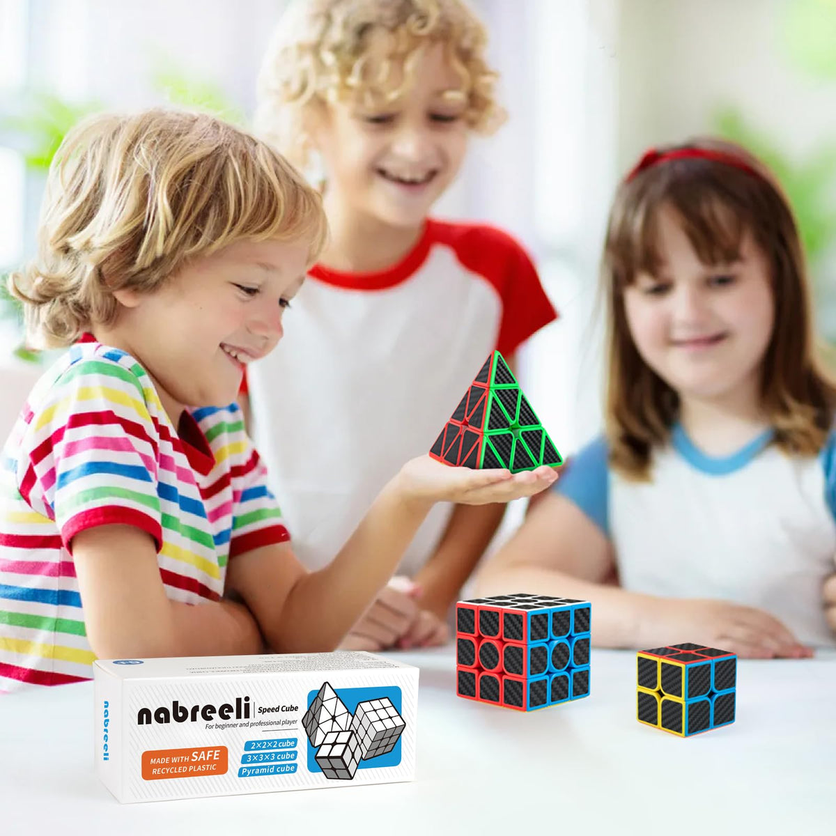 nabreeli Carbon Fiber Speed Cube Set: 2x2x2, 3x3x3, and Pyraminx 3x3 with Durable Stickers