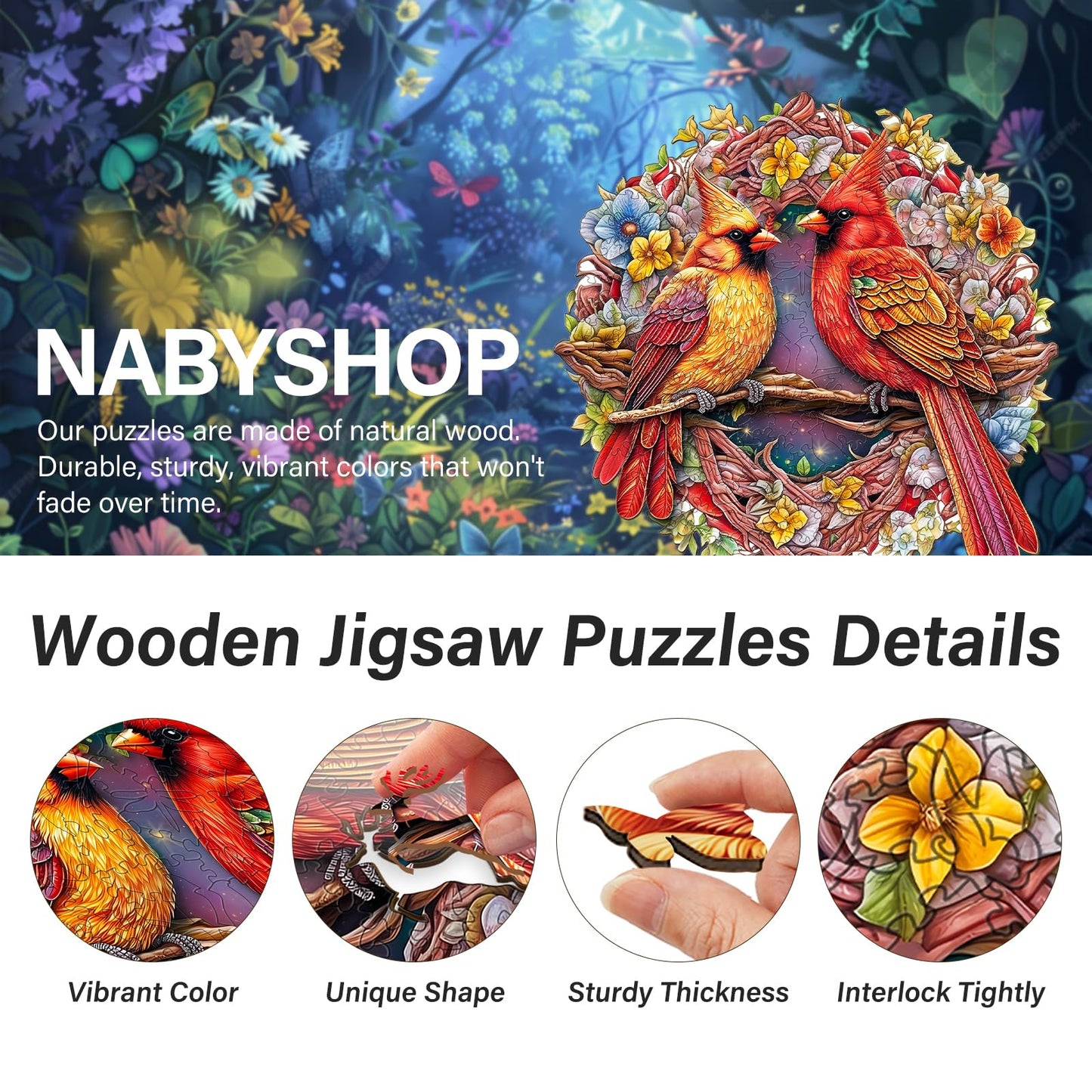 NABYSHOP Wooden Cardinal Puzzle for Adults – 200-Piece Basswood Jigsaw (M 11.9x11.8 in)