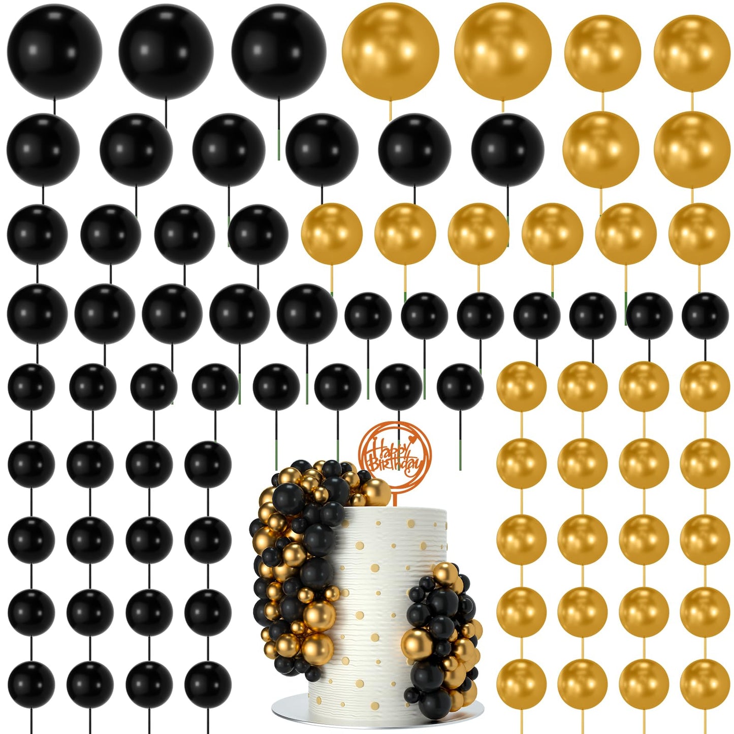 NACHLYNN Black Gold Cake Balls Decorations – 80 Pcs Foam Ball Toppers for Cakes
