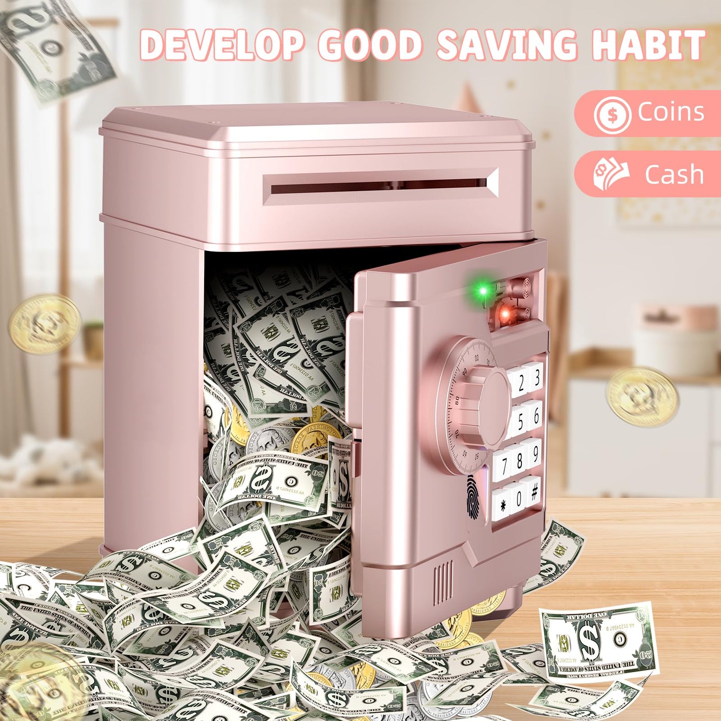 NAFEIV Kids Piggy Bank – Rose Gold Electronic Saver for Ages 3-8