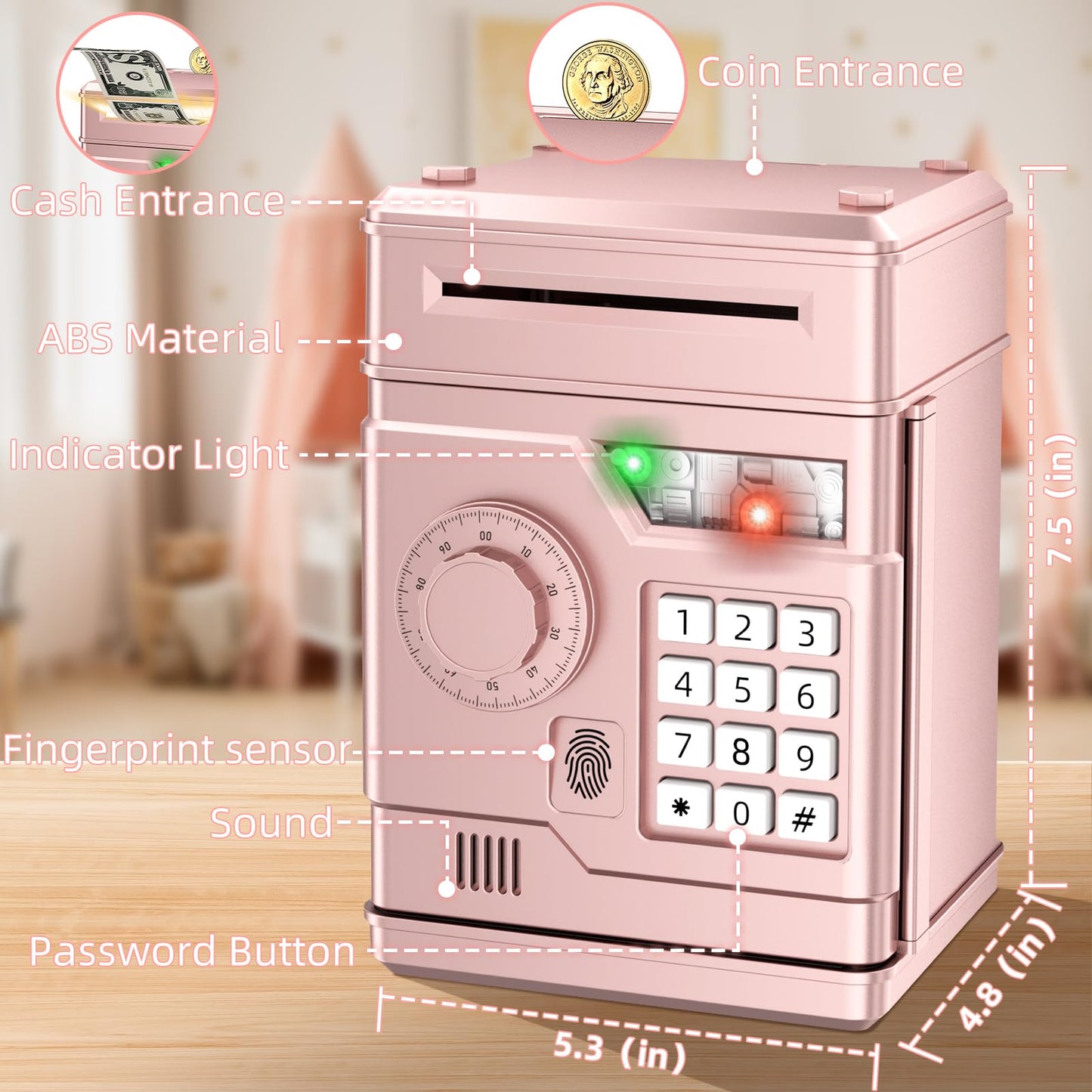 NAFEIV Kids Piggy Bank – Rose Gold Electronic Saver for Ages 3-8