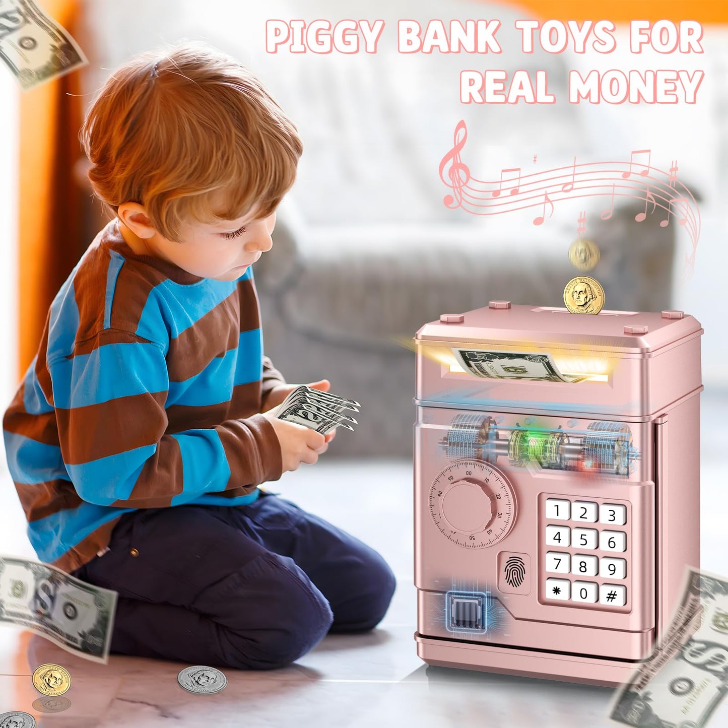 NAFEIV Kids Piggy Bank – Rose Gold Electronic Saver for Ages 3-8