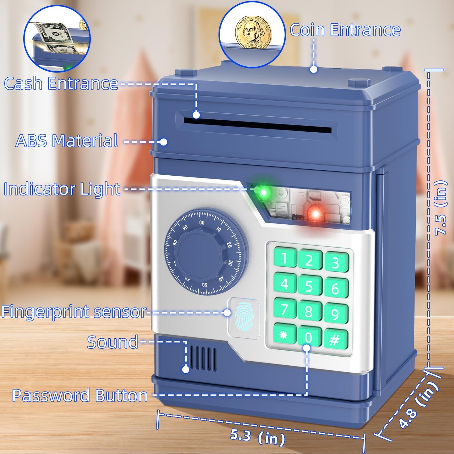 NAFEIV Kids Piggy Bank – Electronic Money Saving Toy for Ages 6-8 (Navy, ABS Eclectic)