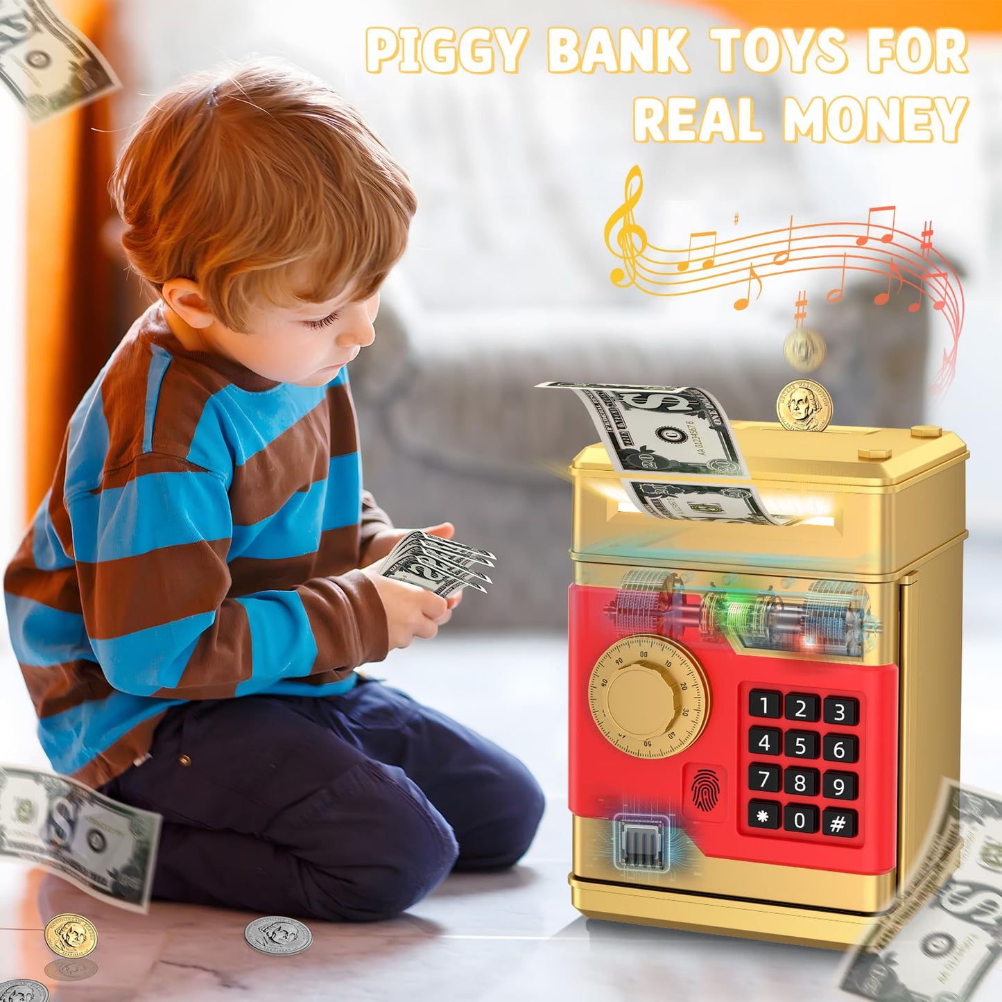 NAFEIV Piggy Bank - Automatic Electronic Kid Safe with Password & Fingerprint Unlocking (Gold)