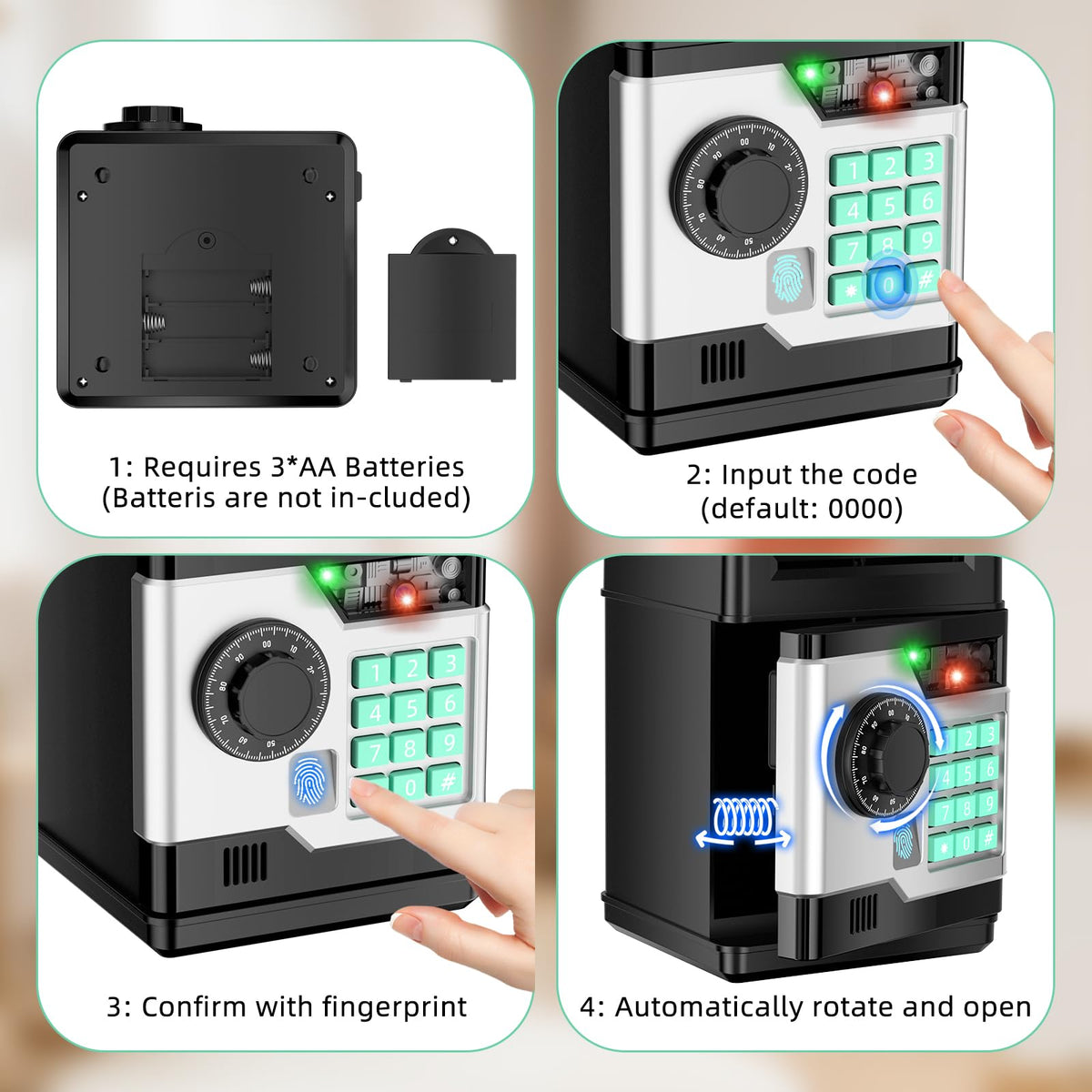 NAFEIV Piggy Bank – Automatic Electronic Safe with Password & Fingerprint Unlock for Kids (Black)
