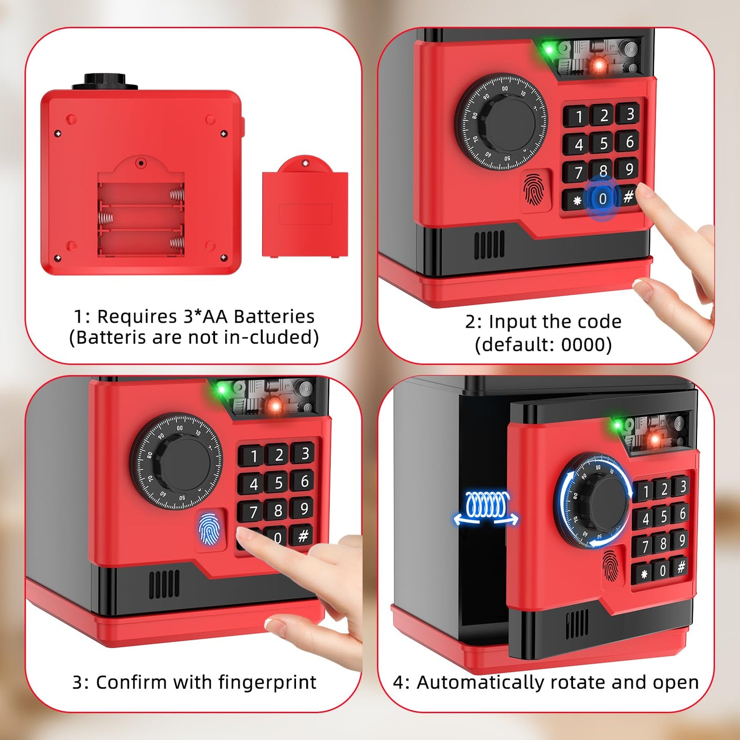 NAFEIV Piggy Bank – Automatic Electronic Money Box with Password & Fingerprint Access for Kids (Black/Red)