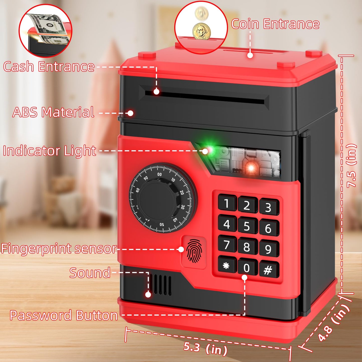 NAFEIV Piggy Bank – Automatic Electronic Money Box with Password & Fingerprint Access for Kids (Black/Red)