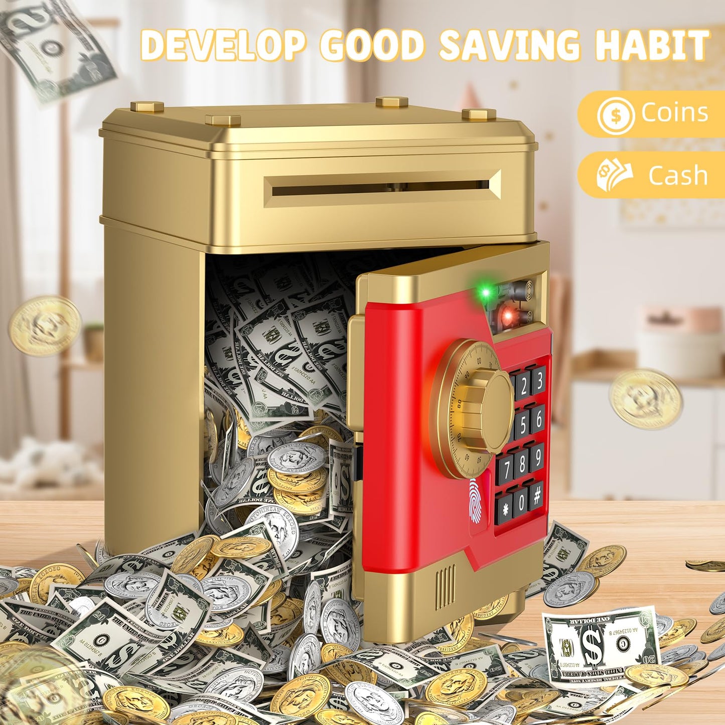 NAFEIV Piggy Bank - Automatic Electronic Kid Safe with Password & Fingerprint Unlocking (Gold)