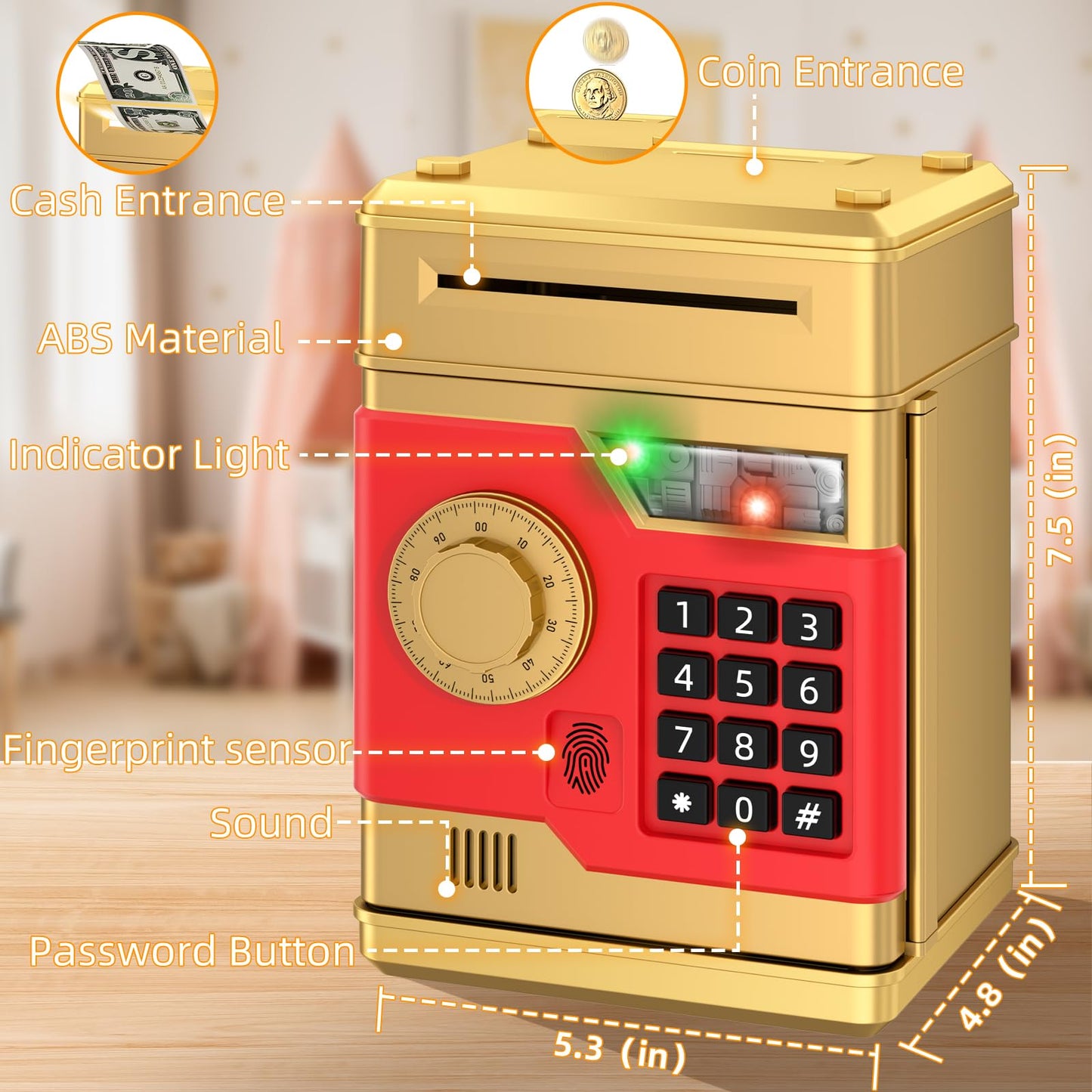 NAFEIV Piggy Bank - Automatic Electronic Kid Safe with Password & Fingerprint Unlocking (Gold)