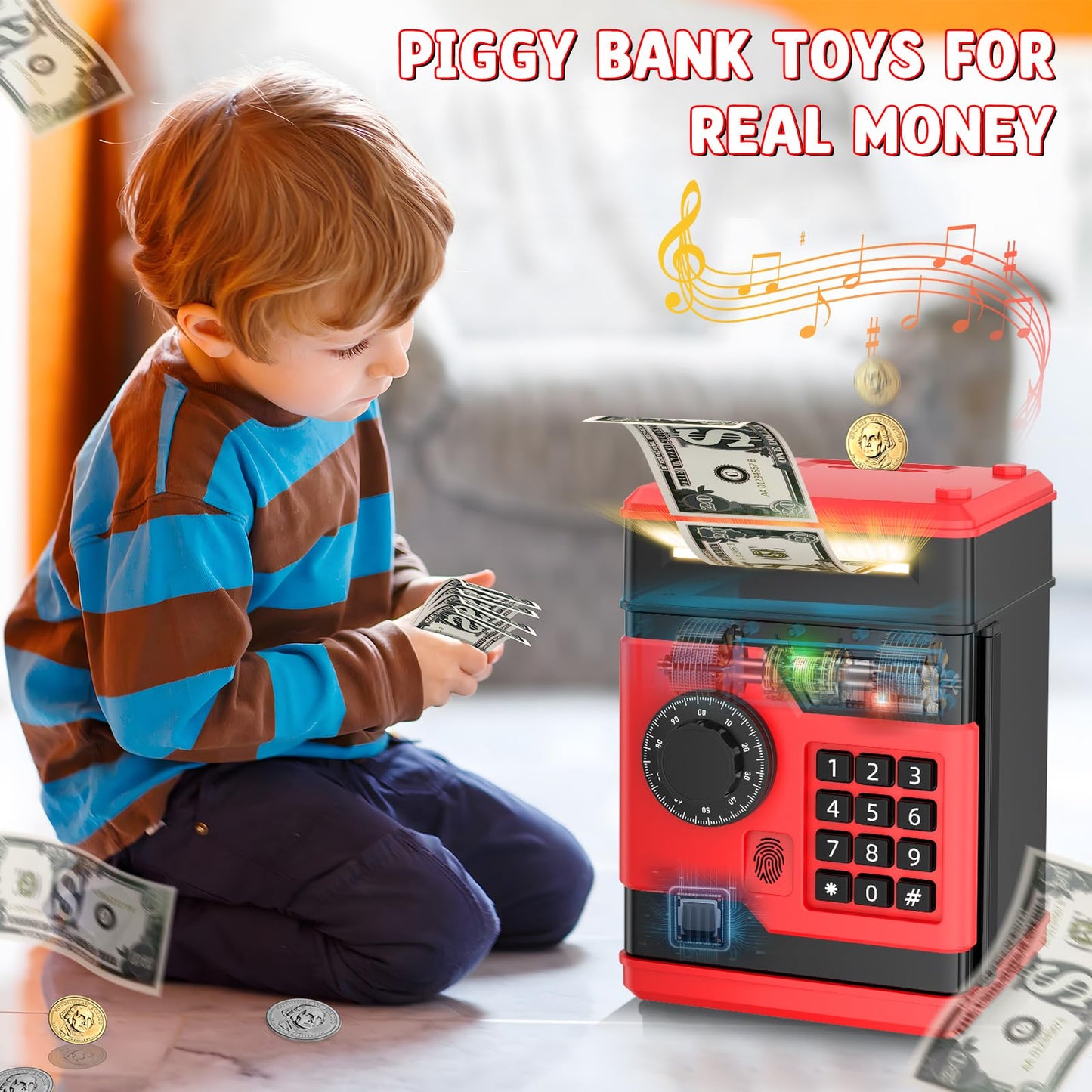NAFEIV Piggy Bank – Automatic Electronic Money Box with Password & Fingerprint Access for Kids (Black/Red)