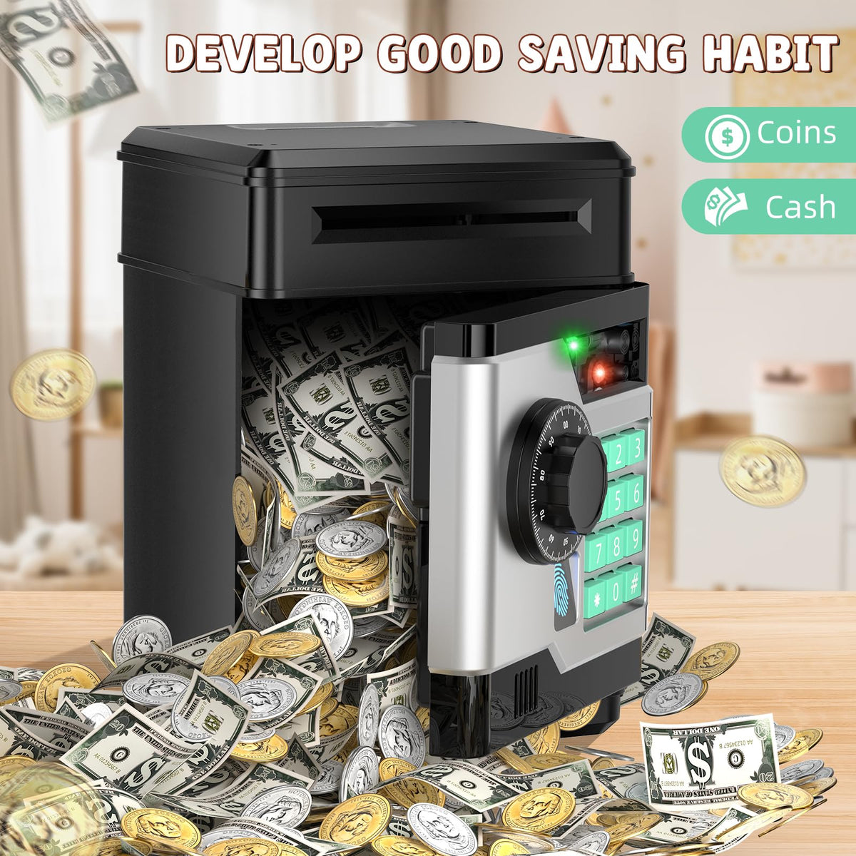 NAFEIV Piggy Bank – Automatic Electronic Safe with Password & Fingerprint Unlock for Kids (Black)