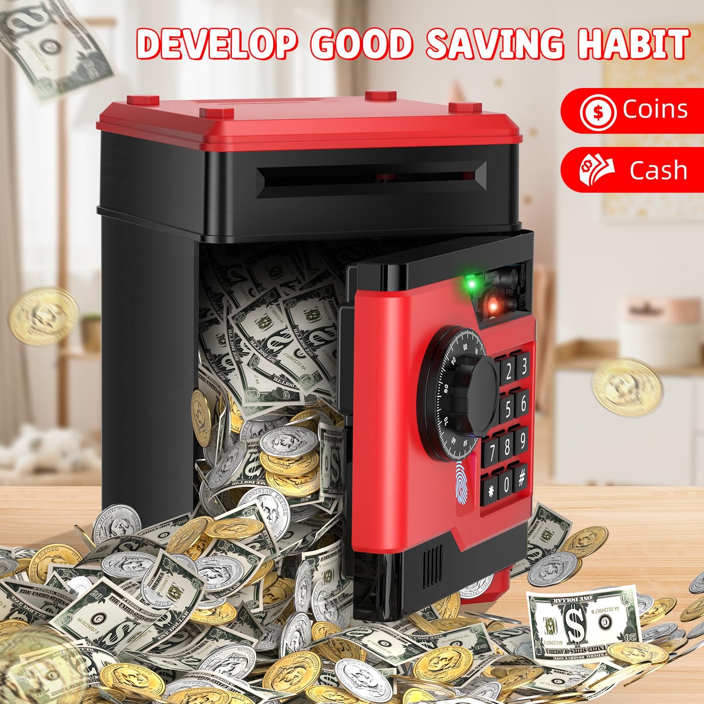 NAFEIV Piggy Bank – Automatic Electronic Money Box with Password & Fingerprint Access for Kids (Black/Red)