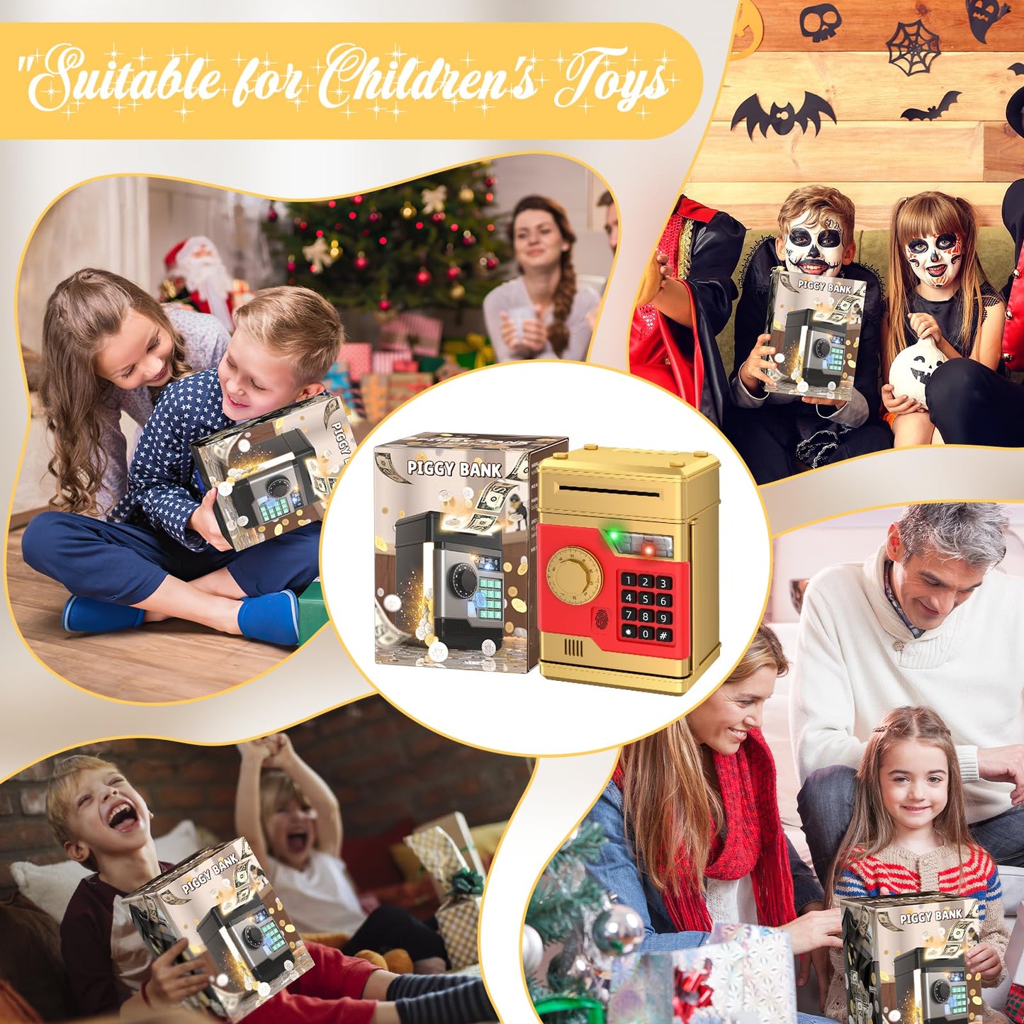 NAFEIV Piggy Bank - Automatic Electronic Kid Safe with Password & Fingerprint Unlocking (Gold)