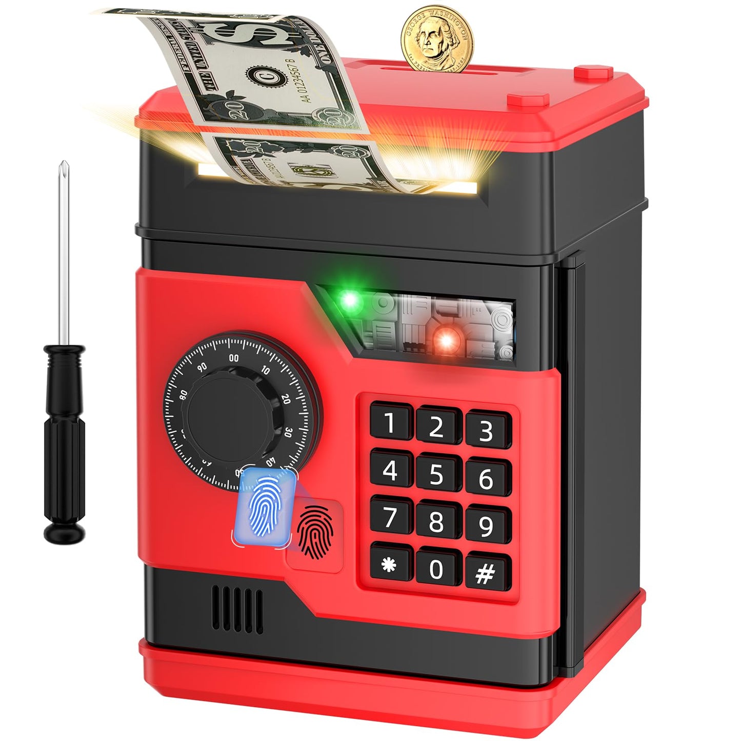 NAFEIV Piggy Bank – Automatic Electronic Money Box with Password & Fingerprint Access for Kids (Black/Red)