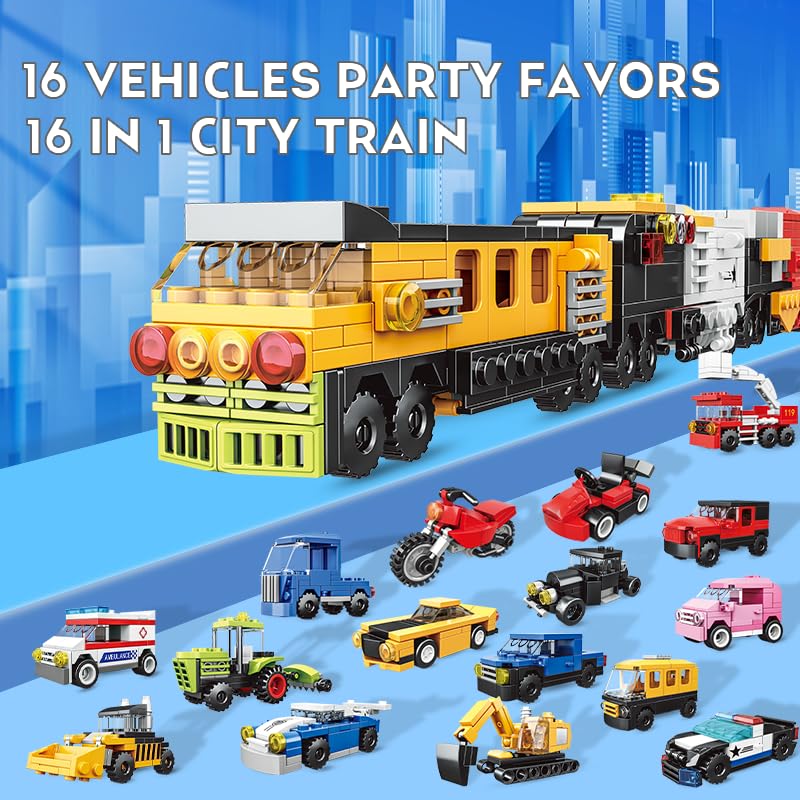 NAFONRU 16-Pack Building Blocks Party Favors — LEGO-Compatible 710-Piece City Vehicles Kit