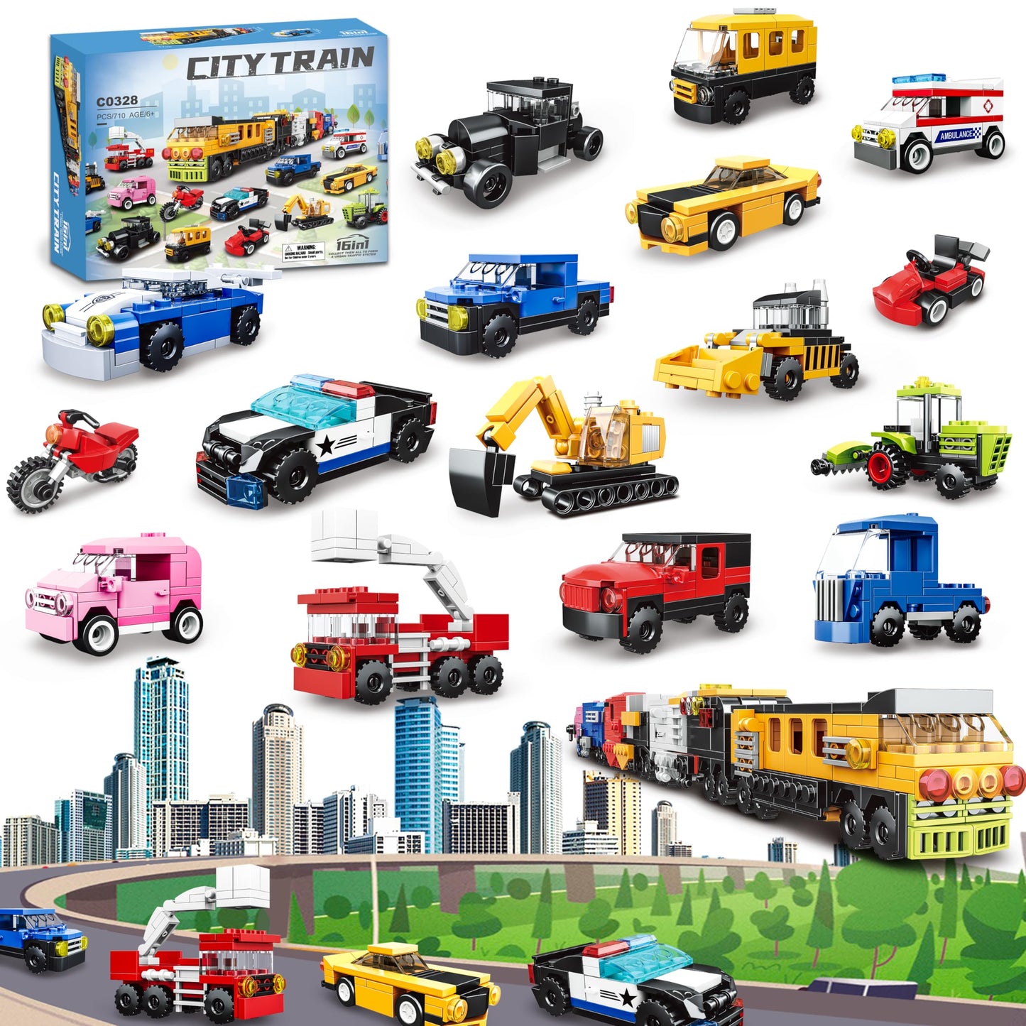 NAFONRU 16-Pack Building Blocks Party Favors — LEGO-Compatible 710-Piece City Vehicles Kit