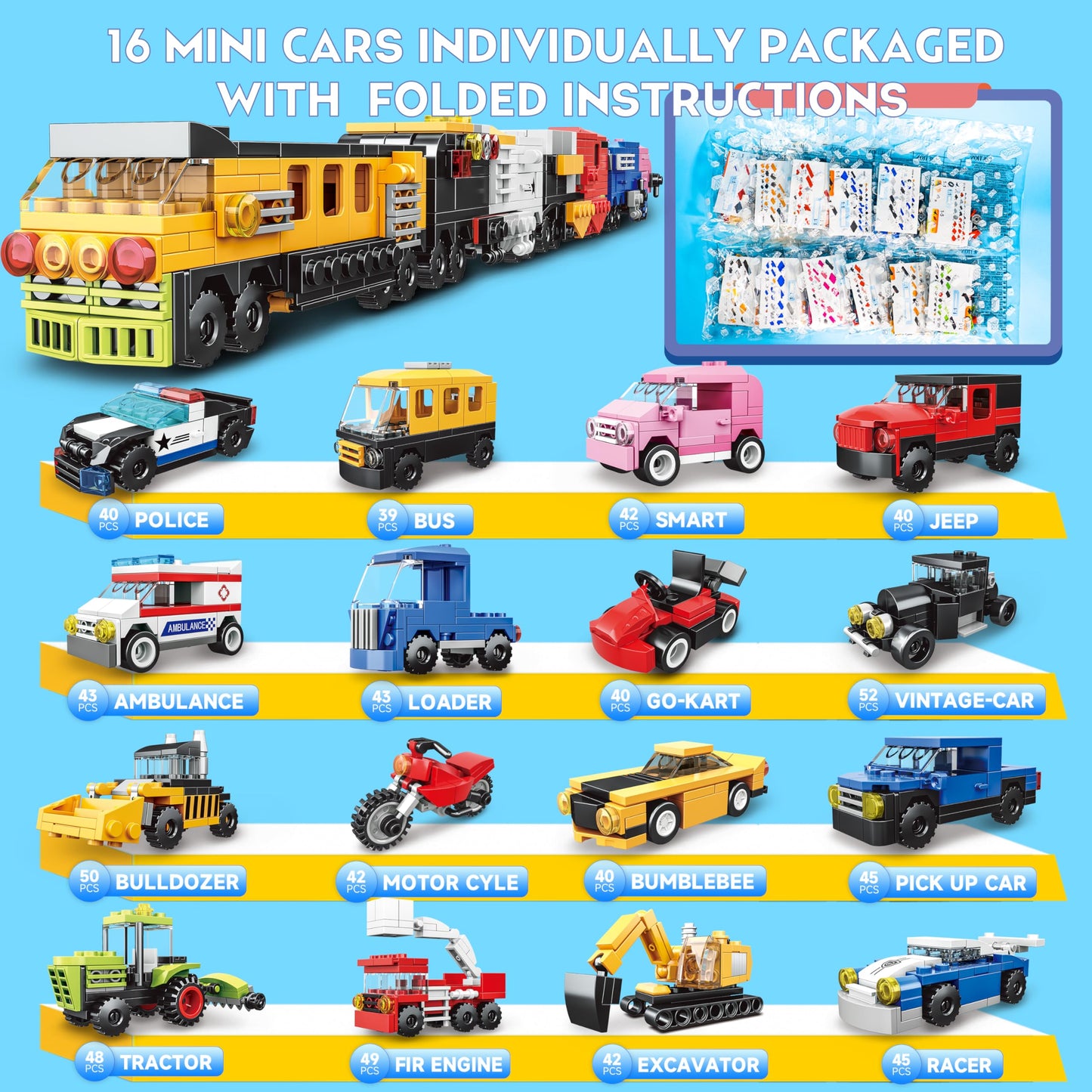 NAFONRU 16-Pack Building Blocks Party Favors — LEGO-Compatible 710-Piece City Vehicles Kit