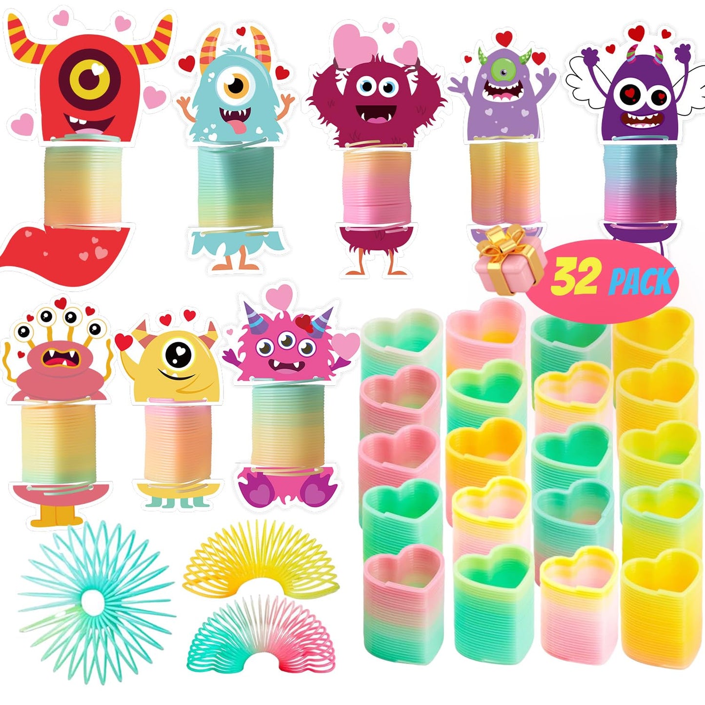 NAISEN 32-Pack Valentines Day Cards for Kids with Rainbow Coil Springs – 8 Monster Designs