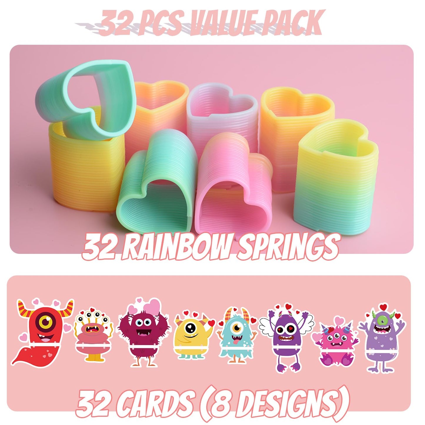 NAISEN 32-Pack Valentines Day Cards for Kids with Rainbow Coil Springs – 8 Monster Designs