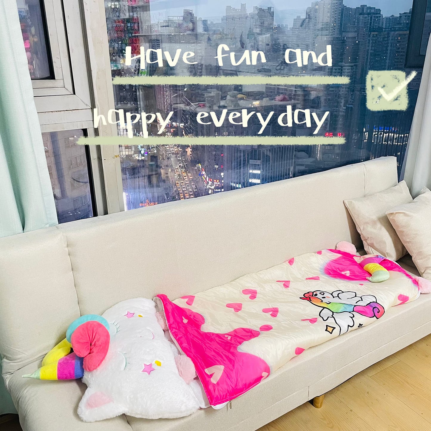 Nalexmi Sleeping Bag with Pillow for Kids – All Season Unicorn Heart Rainbow (63x24)