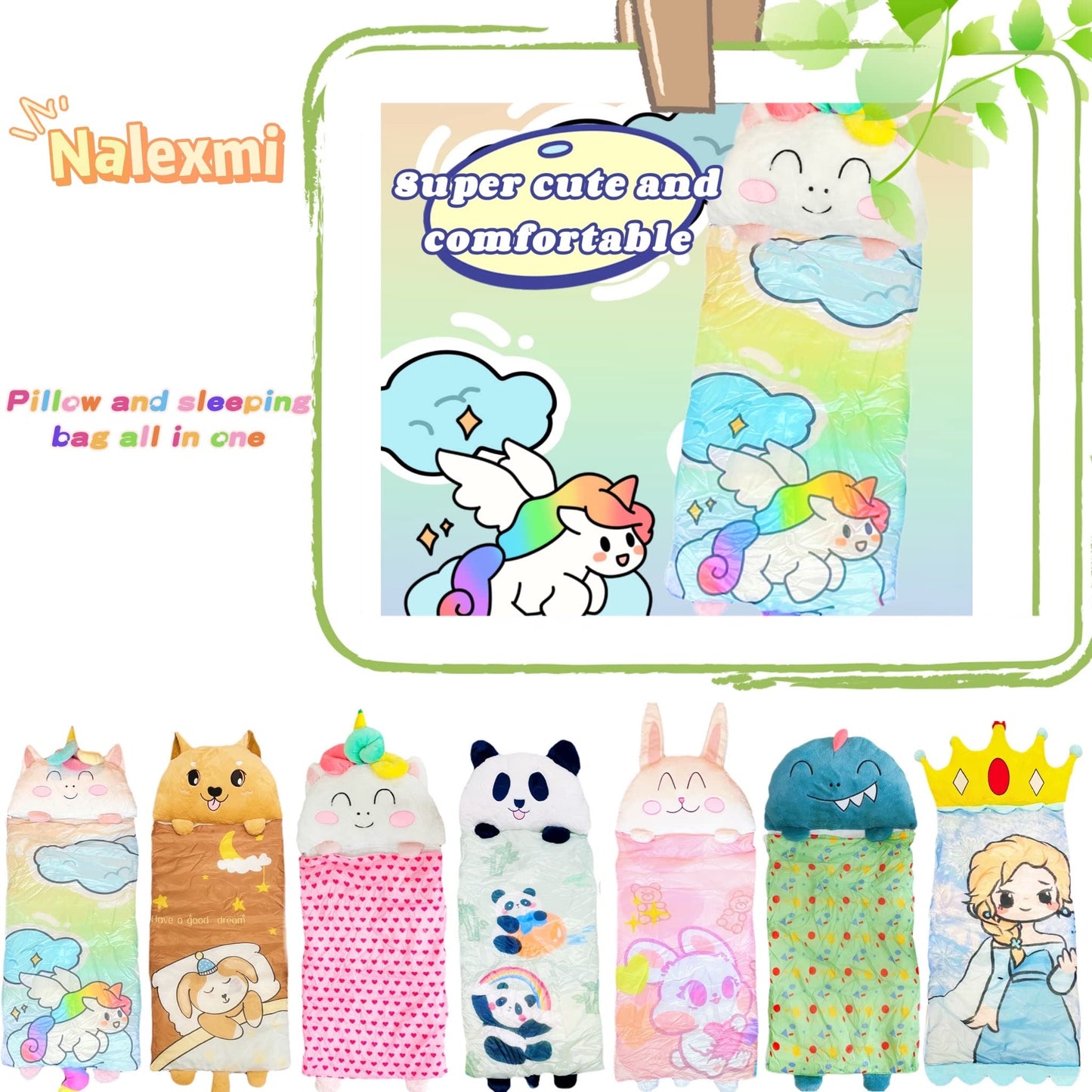 Nalexmi Unicorn Sleeping Bag with Pillow – 3-in-1 Nap Mat for Kids