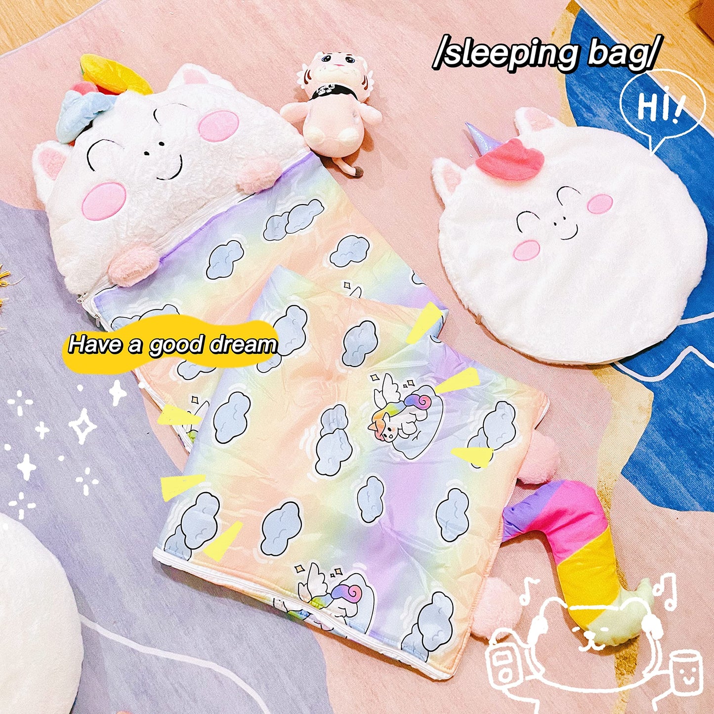 Nalexmi Happy Kids Sleeping Bag - Cozy 3-in-1 Nap Mat with Pillow (Rainbow Unicorn)