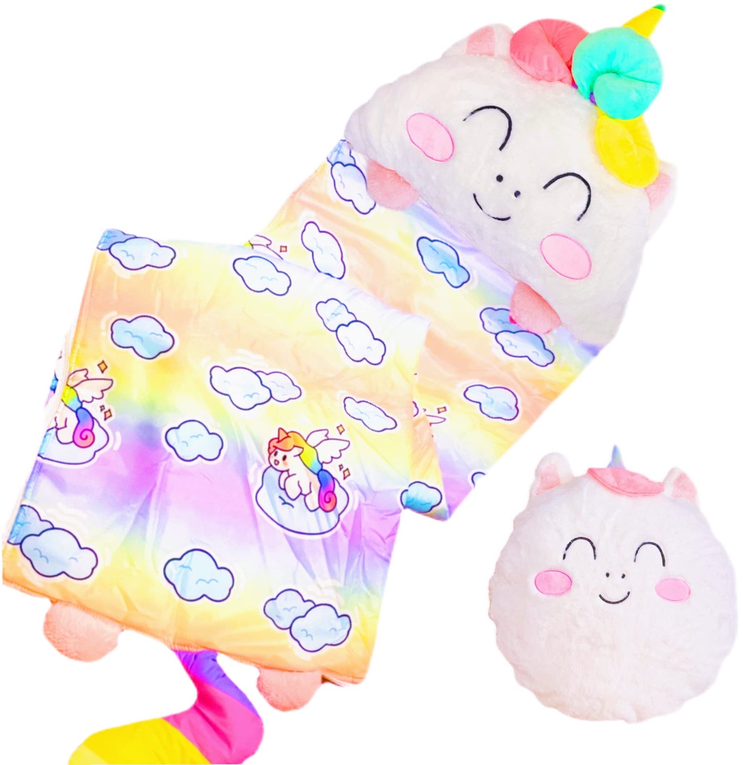 Nalexmi Happy Kids Sleeping Bag - Cozy 3-in-1 Nap Mat with Pillow (Rainbow Unicorn)