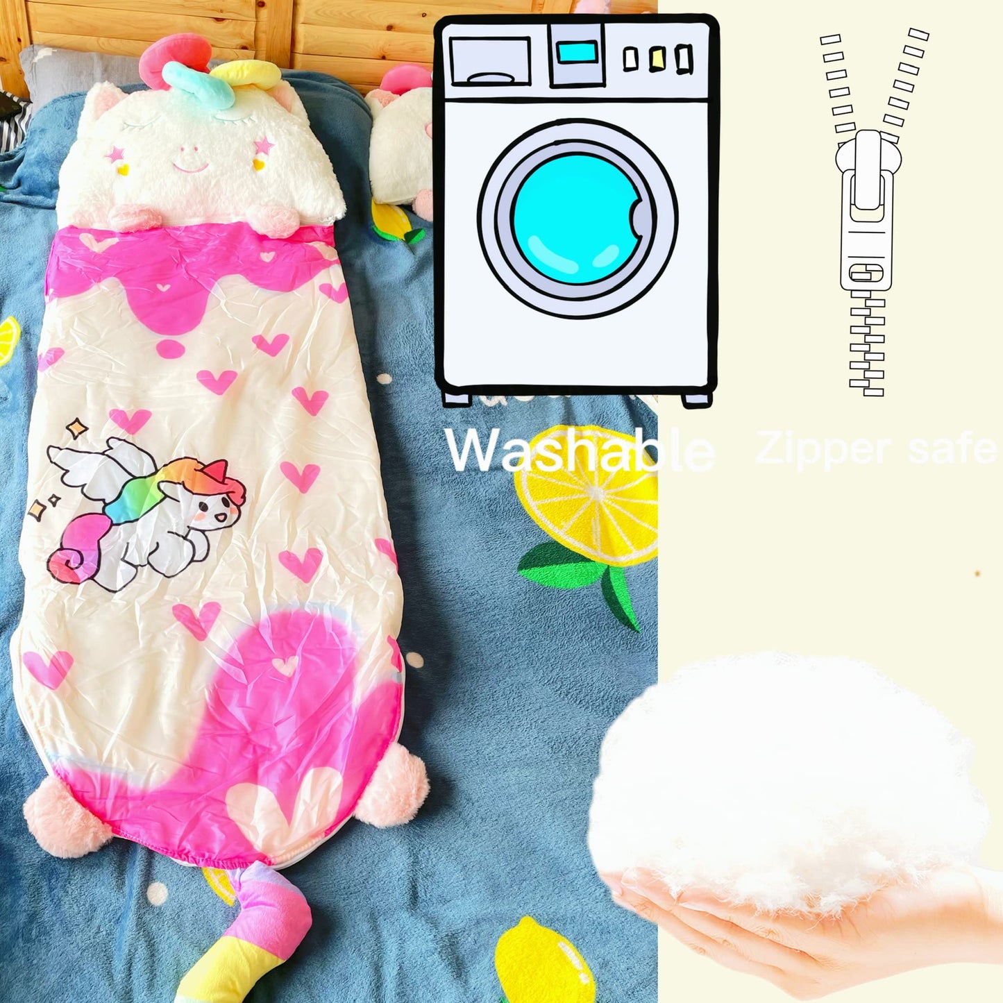 Nalexmi Sleeping Bag with Pillow for Kids – All Season Unicorn Heart Rainbow (63x24)