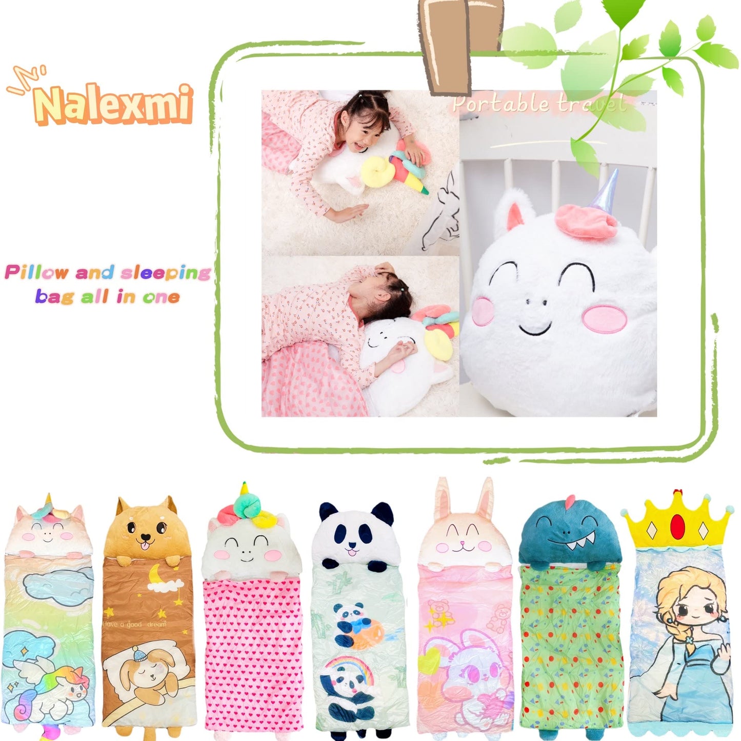 Nalexmi Happy Kids Sleeping Bag - Cozy 3-in-1 Nap Mat with Pillow (Rainbow Unicorn)