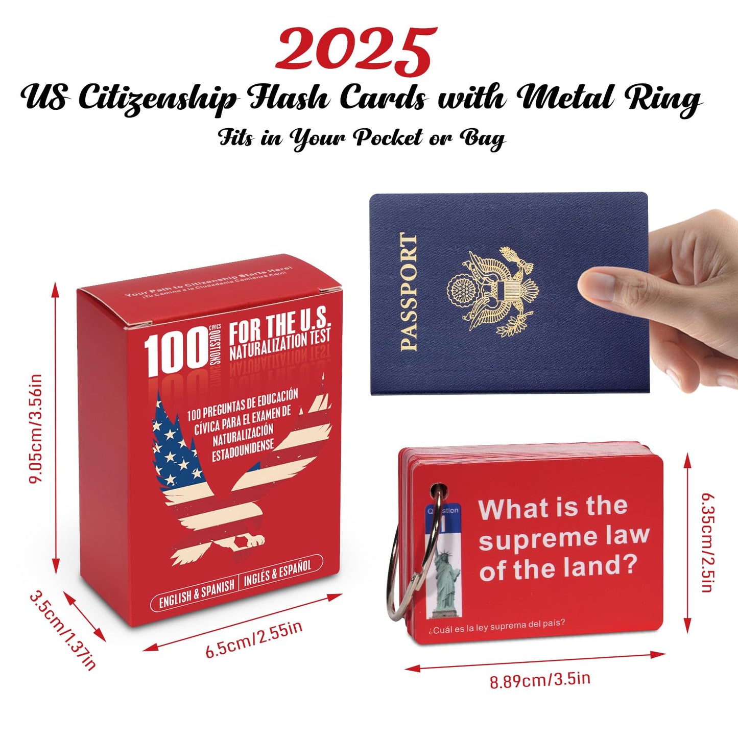 Nalosun 2025 US Citizenship Flash Cards – 100 USCIS Civics Questions (English & Spanish) with Metal Ring