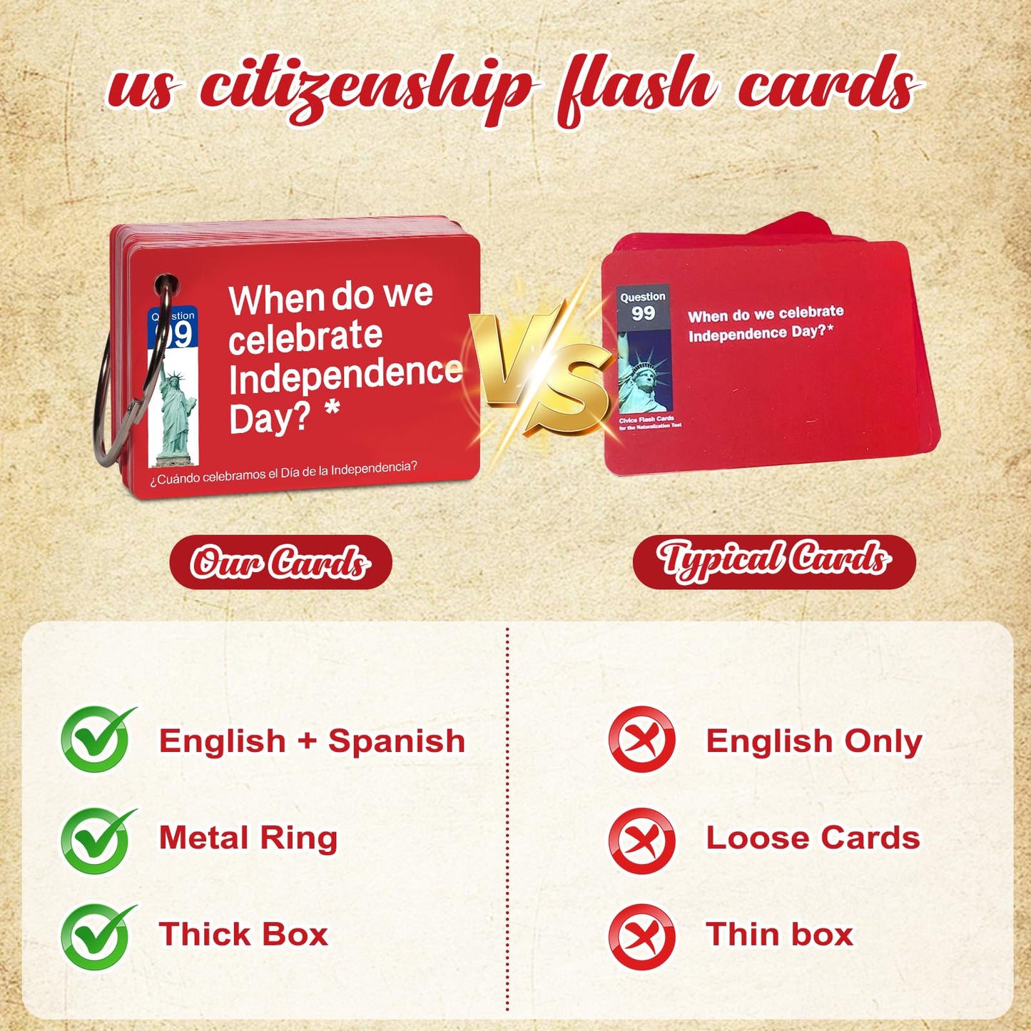 Nalosun 2025 US Citizenship Flash Cards – 100 USCIS Civics Questions (English & Spanish) with Metal Ring
