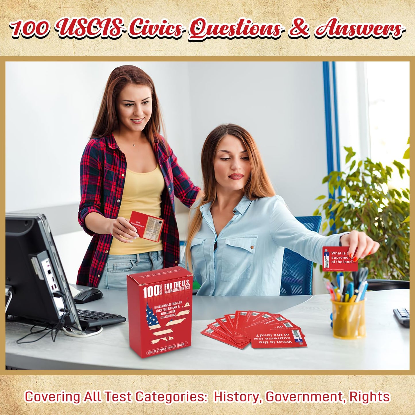 Nalosun 2025 US Citizenship Flash Cards – 100 USCIS Civics Questions (English & Spanish) with Metal Ring