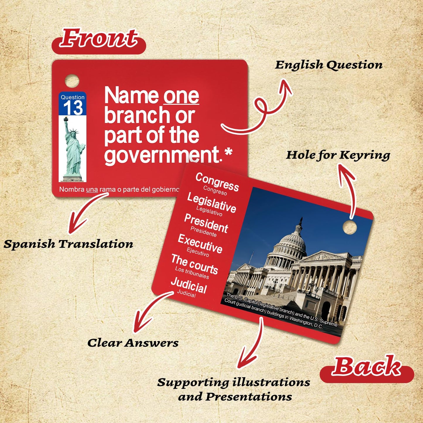 Nalosun 2025 US Citizenship Flash Cards – 100 USCIS Civics Questions (English & Spanish) with Metal Ring