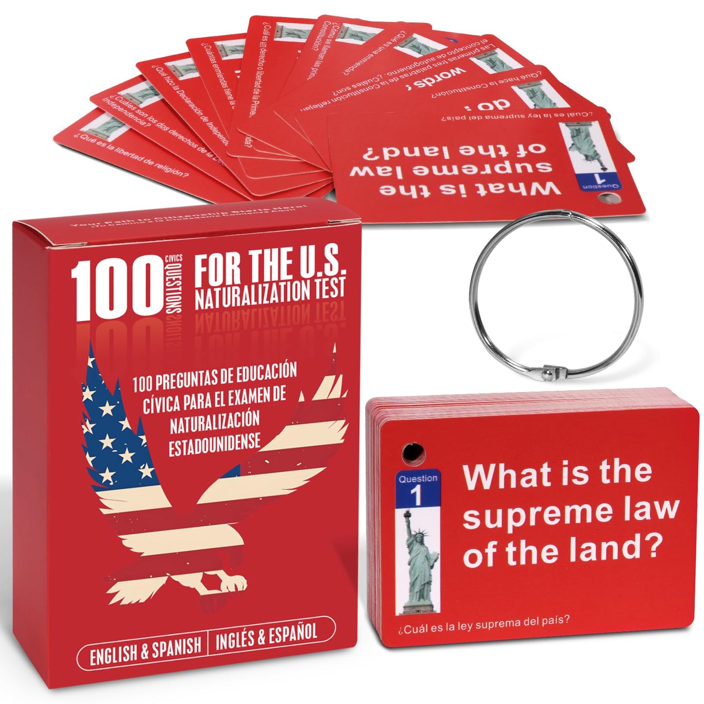 Nalosun 2025 US Citizenship Flash Cards – 100 USCIS Civics Questions (English & Spanish) with Metal Ring