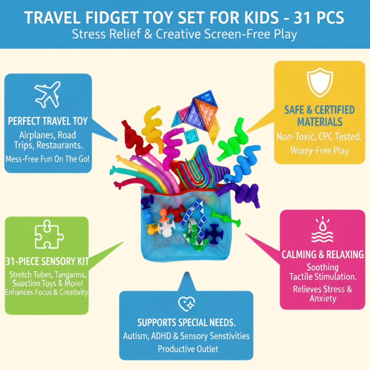 NAMUWASAE Travel Fidget Toy Set – 31-Piece Sensory Kit with Blue Carry Bag