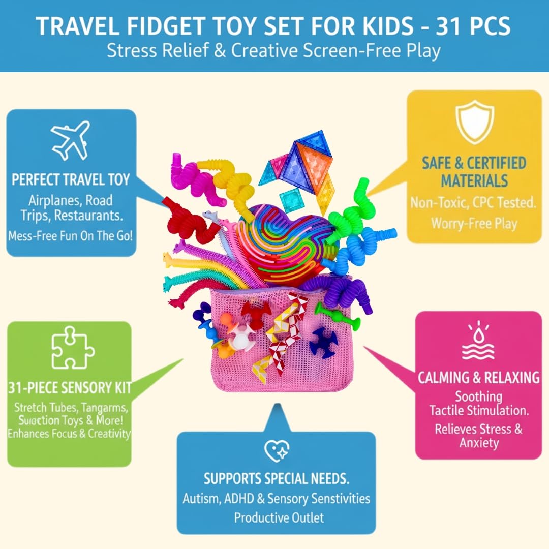 NAMUWASAE Travel Fidget Toy Set – 31-Piece Sensory Kit with Pink Carry Bag