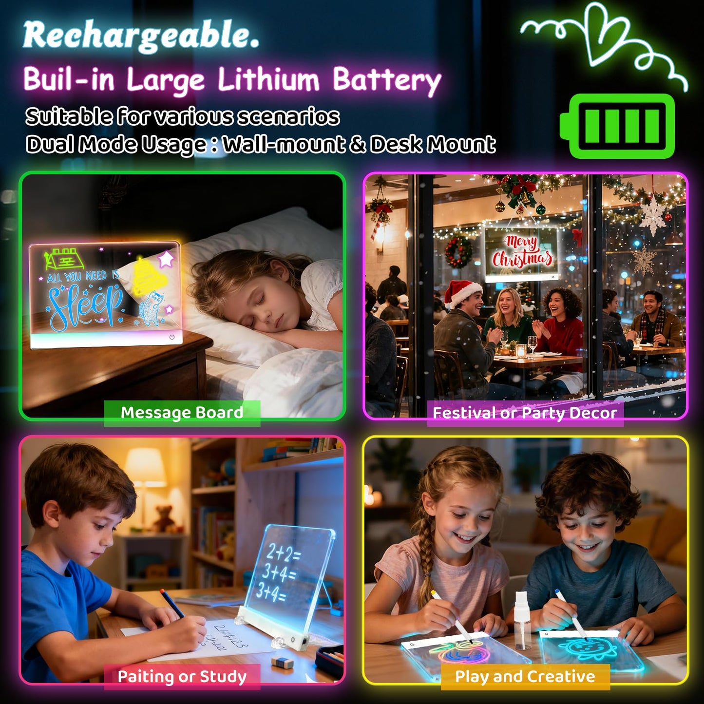 NanoMin Rechargeable LED Drawing Board for Kids – 11 Colors, Easy Clean, 6-Hour Glow, Ages 3–10