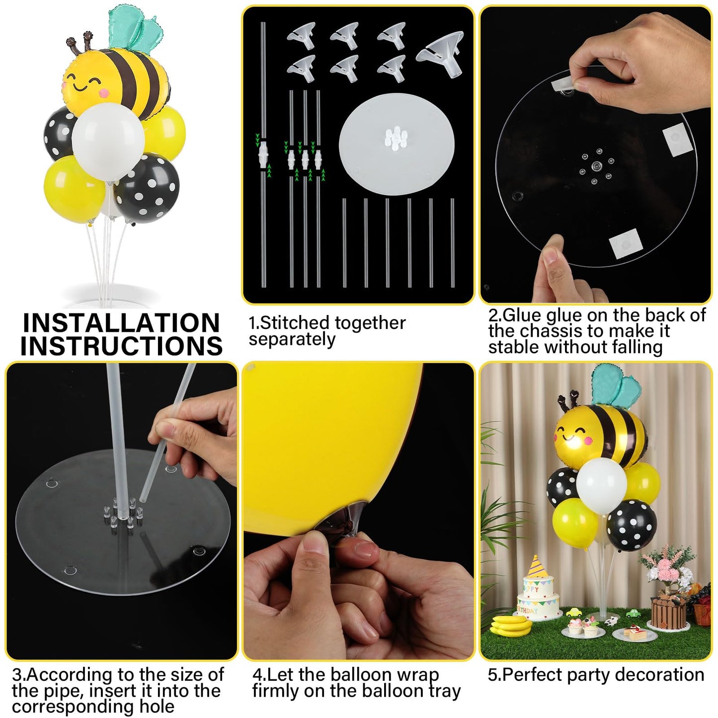Naozinebi 4 Sets Bee Baby Shower Balloons Stand Kit – Honey Bee Centerpieces for Tables