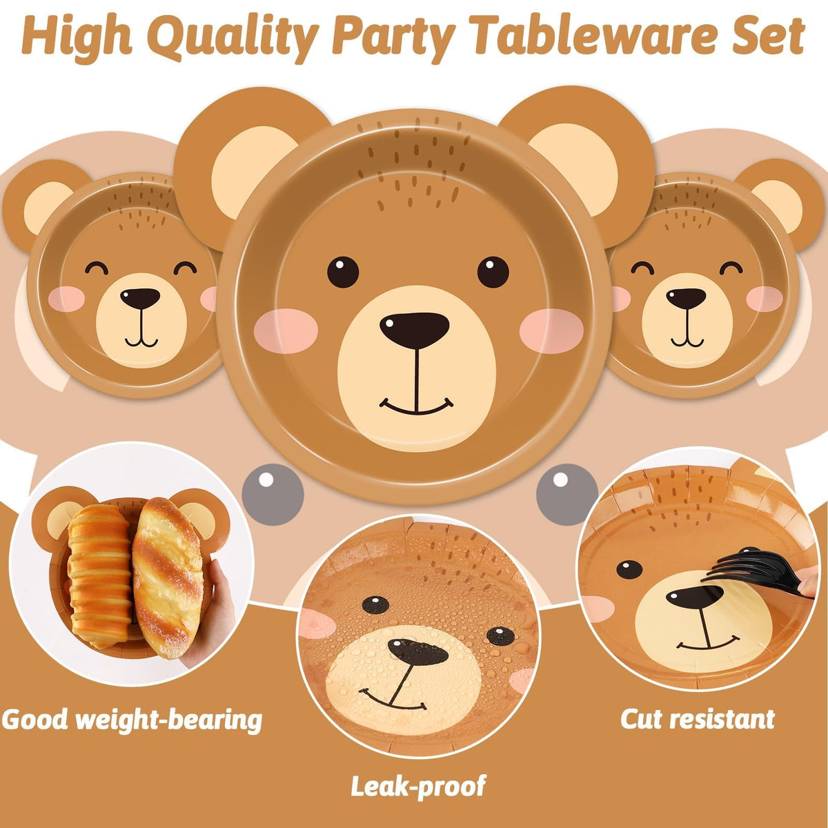 Naozinebi Bear-Shaped Paper Plates – 50 Count Disposable Tableware for Baby Showers & Birthday Parties