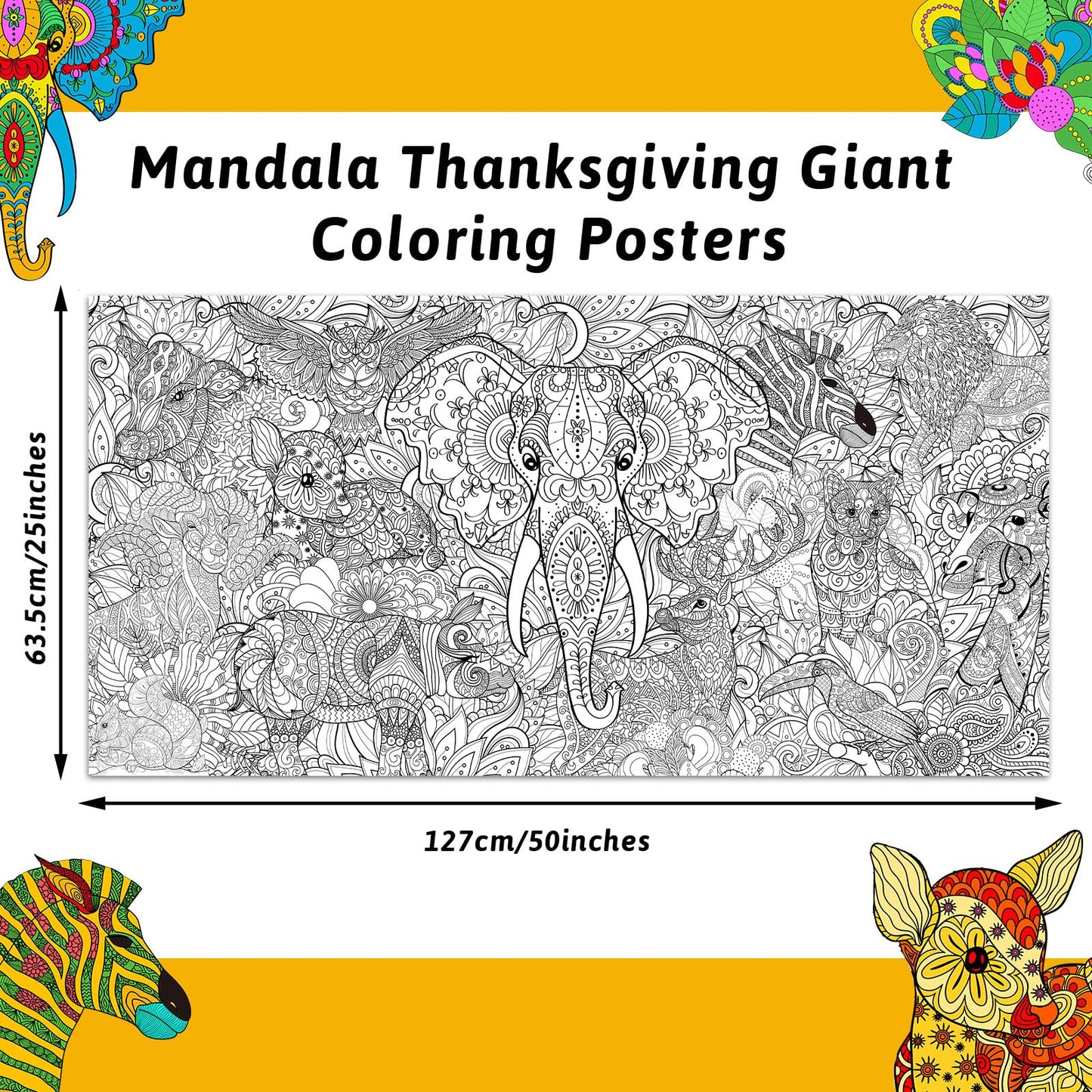 Naozinebi Giant Mandala Coloring Posters – African Animals Jumbo Poster for Kids & Adults
