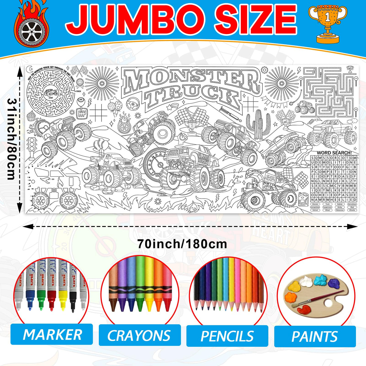 Naozinebi Monster Trucks Coloring Poster – Giant 80x180 cm Coloring Tablecloth for Classrooms & Parties