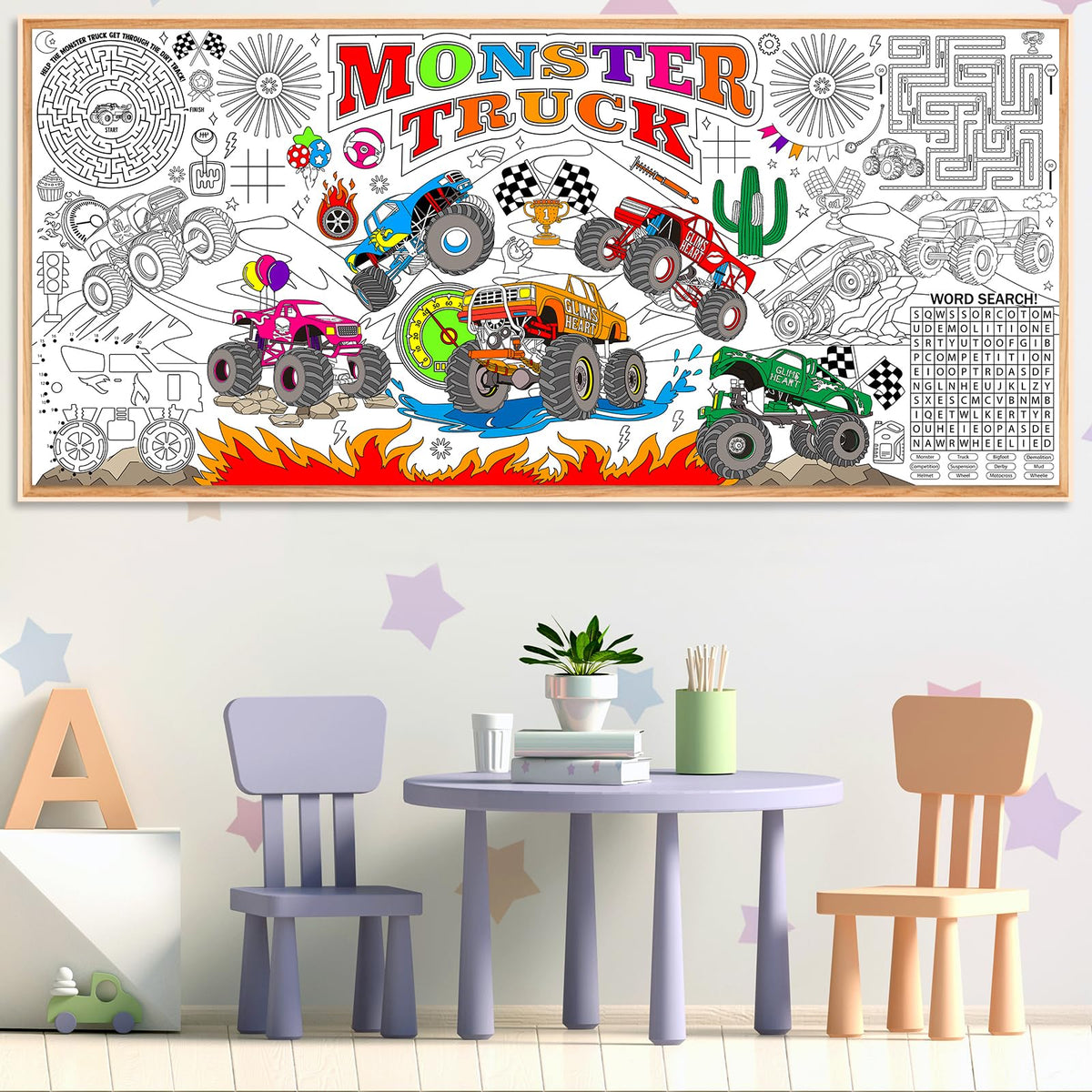 Naozinebi Monster Trucks Coloring Poster – Giant 80x180 cm Coloring Tablecloth for Classrooms & Parties